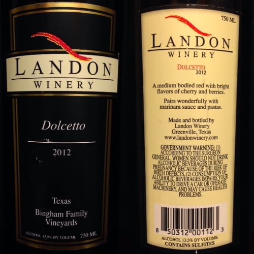 Landon Winery's Dolcetto 2012