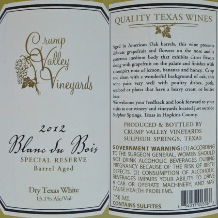Crump Valley Vineyards Blanc du Bois labels