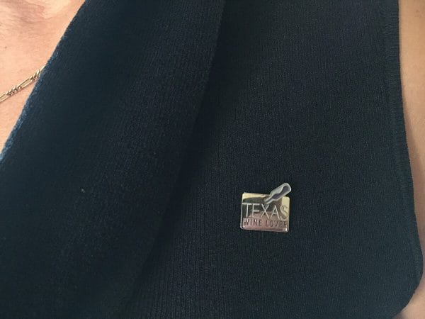 Texas Wine Lover pin on woman's blouse