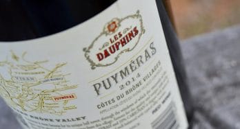 Les Dauphins Côtes du Rhône Villages Puyméras Rouge 2014 bottle side