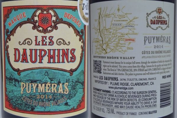 Les Dauphins Côtes du Rhône Villages Puyméras Rouge 2014 labels