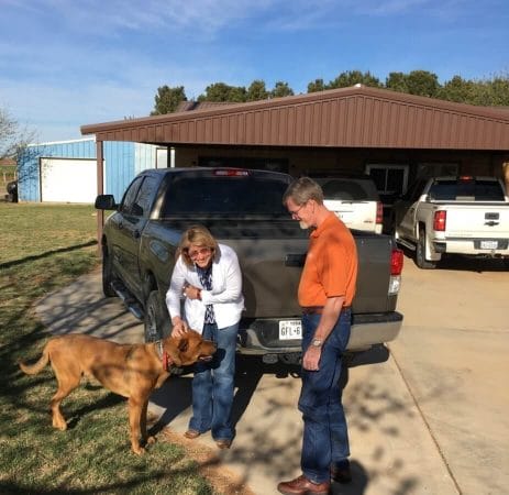 Laurie & Shelly Ware being greeted by Gay & Jet Wilmeth’s dog, Picasso