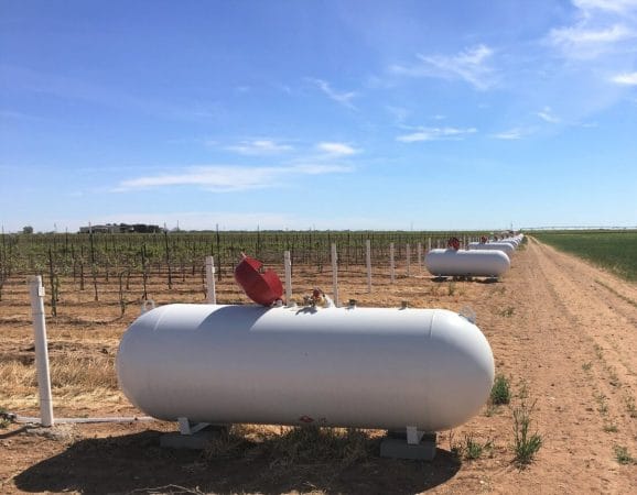 500-gal Propane tanks used to fuel the frost protection system at Diamante Doble Vineyard in Tokio, TX