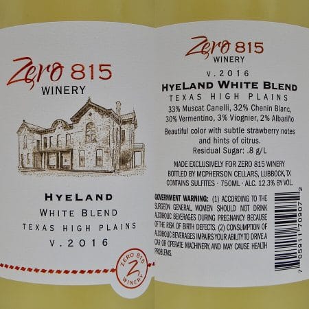 Zero 815 HyeLand white blend 2016 labels
