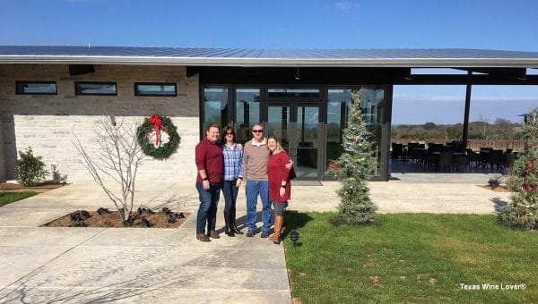 Jeff Mauldin, Lauri Mauldin, Chris Russell, and Carrie Mauldin Russell in front of the Narrow Path Winery Tasting Room (December 28, 2017)