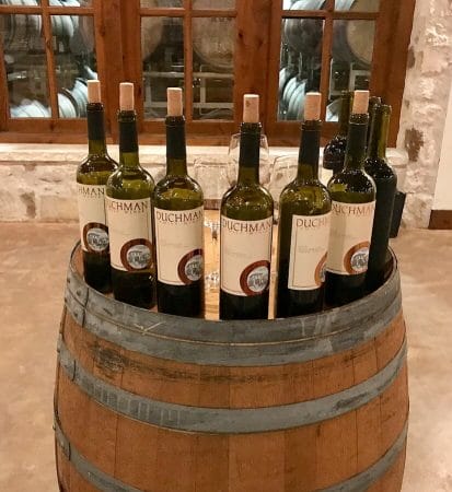 Bottles of Duchman Family Winery Aglianico, 2010-2018, opened and ready for the Retrospective Tasting