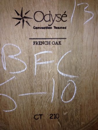 An Odysé French oak barrel used for a barrel fermented (BFC) and aged Chardonnay program at William Heritage Winery, NJ (barrel #5 of 10). The branded labeling indicates toasting by convection oven at 210 degrees Centigrade.