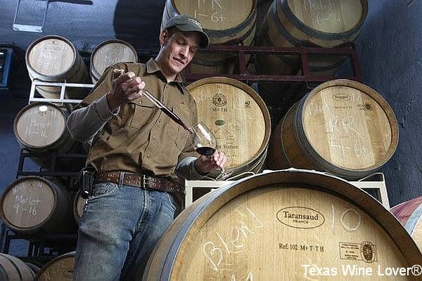 Sean Comninos, former winemaker for William Heritage Winery, NJ, sampling a red wine blend aging in Taransaud French Oak (branding indicates medium-plus toast level in the barrel and heads).