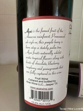 Acai Wine back label