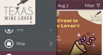 Texas Wine Lover mobile app showing Events